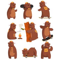 brown bears are standing and sitting on skateboards in different positions, one is holding a tree