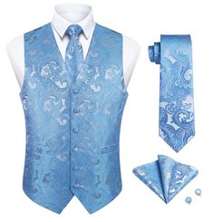 Paisley 4pc Suit Vest Set - BLUE 1920s Mens Clothing, Stylish Waistcoats, Mens Dress Vests, Bow Tie Pants, Tuxedo Vest, Vest And Tie, Tie Length, Men Formal, Tuxedo Jacket