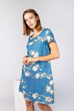 Katsushika Hokusai Linen Dress Bullfinch and Weeping Cheery - Etsy Lithuania Blue Linen Dress, Short Sleeves Dress, Bullfinch, Katsushika Hokusai, Sleeves Dress, Elastic Fabric