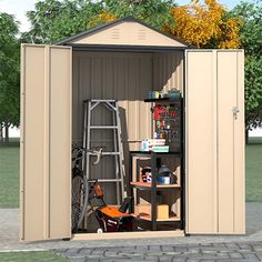 an outdoor storage shed with the door open and shelves full of items in front of it