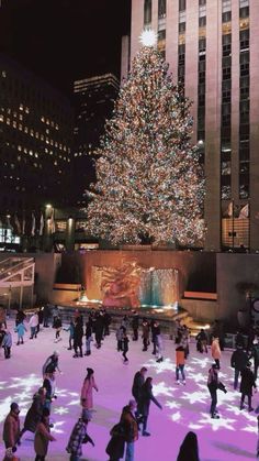 people skating on an ice rink in front of a christmas tree