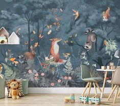 an animal themed wallpaper mural in a children's room with toys and decor