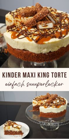 a cake that is sitting on top of a glass platter with the words kinder max king torte