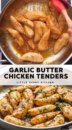 garlic butter chicken tenders in a skillet with text overlay