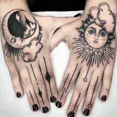 two hands with sun and moon tattoo designs on their palms, one is black and the other is white