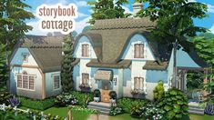 the storybook cottage is surrounded by trees and flowers