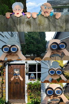 an image of some strange looking eyes on the outside of a house and in front of a wooden fence