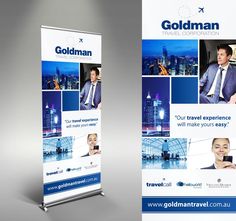 a roll up banner with an image of a man in a suit and tie on it