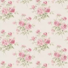 a pink flowered wallpaper with green leaves and flowers on the background is an image of roses