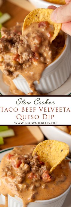 two pictures showing the process to make taco beef vegeta quesadilla dip