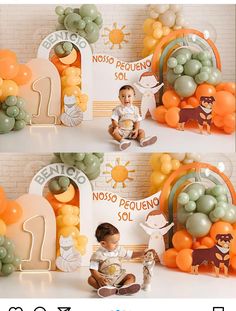 two pictures of a baby sitting in front of balloons