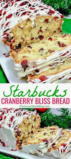 cranberry bliss bread with white frosting on top