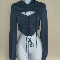 New Without Tags. No Defects. 80% Polyester 20% Cotton Blue Fitted Hoodie For Fall, Fitted Drawstring Top For Streetwear, Fitted Blue Hoodie For Fall, Fitted Fall Hoodie With Drawstring, Fitted Long Sleeve Blue Hoodie, Fall Cropped Tops With Drawstring Hood, Sequin Hoodie, Green Sweatshirt, Heart Sweater