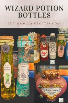 an advertisement for wizard potion bottles with images of them in glass jars and on display