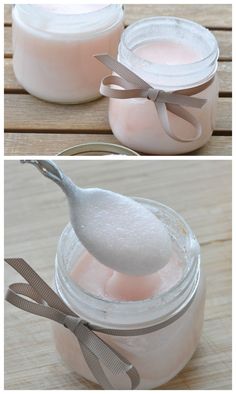 there is a spoon in a jar with some pink liquid on it and another photo showing the inside