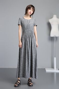 Gray linen dress long linen dress with pleated on waist | Etsy Fitted Linen A-line Maxi Dress, Gray Fitted Short Sleeve Maxi Dress, Spring Gray A-line Maxi Dress, Fitted A-line Linen Maxi Dress, Gray Floor-length Maxi Dress, Gray Linen Short Sleeve Dress, Gray Short Sleeve Linen Dress, Gray A-line Maxi Dress, Gray Linen Dress For Summer