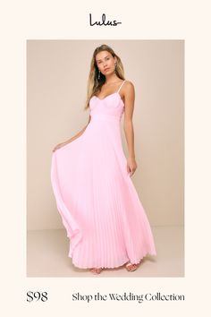 a woman in a long pink dress with the words shop the wedding collection on it