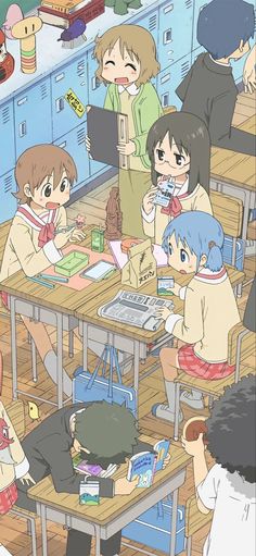 an anime scene with people sitting at desks