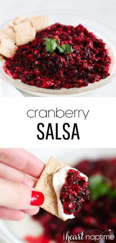 cranberry salsa with pita bread and crackers in the middle, on a white plate