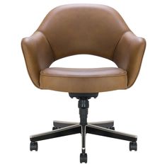 a brown office chair sitting on top of a metal base