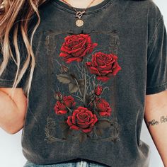 Vintage Roses Shirt Vintage Flower Tshirt Retro Roses Shirt Gothic Flowers Tarot Card Shirt Tshirt Oversized Tshirt Floral Graphic Tee, Comfort Colors® Gildan is back with its garment-dyed t-shirt, a fully customizable tee made 100% with ring-spun cotton. The soft-washed, garment-dyed fabric brings extra coziness to your wardrobe while the relaxed fit makes it an excellent daily choice. The double-needle stitching throughout the tee makes it highly durable while the lack of side-seams helps the Casual Rose Print Crew Neck T-shirt, Rose Color Crew Neck Top With Rose Print, Short Sleeve Rose Print Graphic Tee Tops, Casual Rose Print Tops, Casual Rose Print Tops In Rose Color, Casual Rose Tops With Rose Design, Tarot Card Shirt, Gothic Flowers, Tshirt Oversized