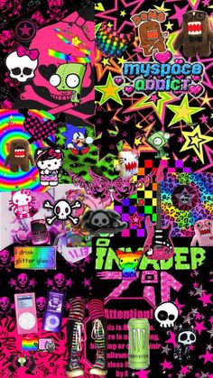 an assortment of stickers and decals on a black background with pink, green, blue, yellow, purple, red, orange