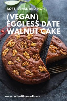 a piece of vegan eggless date walnut cake on a plate with a fork