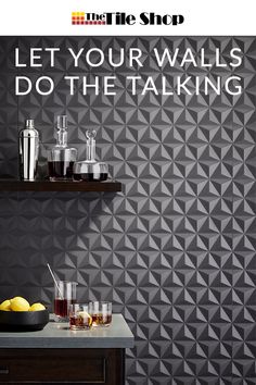 an advertisement for the tile shop featuring lemons and glasses on a countertop with geometric wallpaper