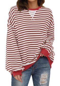 PRICES MAY VARY. [Fabric]: This oversized sweatshirt is made from 75%Cotton,25%Polyester. The fabric is soft, comfortable, and provides a cozy and breathable feel throughout the day [Style]: The color block striped sweatshirt features a relaxed and casual fit, with ribbed cuffs and hem. The ribbed detailing adds a subtle texture and a touch of stylishness to the overall design. It has a classic round neckline, which offers a versatile and timeless look [Match]: This versatile sweatshirt can be p Oversized Striped Sweatshirt For Fall, Red Oversized Sweatshirt For Loungewear, Oversized Striped Sweatshirt With Crew Neck, Oversized Striped Crew Neck Sweatshirt, Oversized Striped Long Sleeve Sweatshirt, Oversized Striped Cotton Sweatshirt, Striped Oversized Cotton Sweatshirt, Oversized Red Top For Layering, Skirt Layering