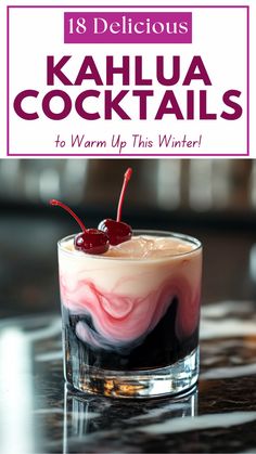 Kahlua cocktail with creamy swirl layers and garnished with cherries, served in a glass over ice. Perfect for winter drinks, coffee liqueur recipes, festive holiday cocktails, and creamy dessert beverages. Great for warming up at home or entertaining guests during colder seasons. Kahlua Drinks, Easy To Make Cocktails, White Russian, Holiday Menus, Espresso Martini, Cocktail Making, Easy Food To Make, Coffee Flavor, Cocktail Recipes