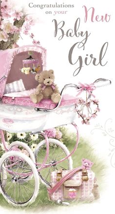 a baby girl card with a teddy bear in a stroller