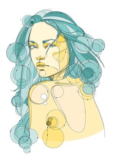 a drawing of a woman with blue hair and circles around her face, looking to the side