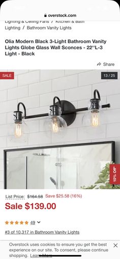 the bathroom vanity light is on sale for $ 399 00, and it has three bulbs