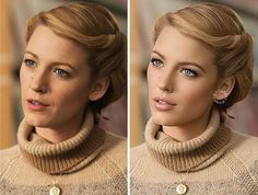 two photos of a woman with blue eyes and blonde hair, wearing a turtle neck sweater