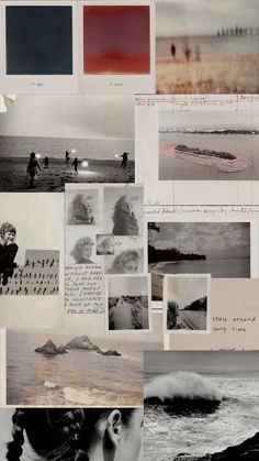 a collage of black and white photos with people on the beach