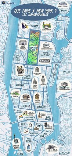 a map of the new york city with all its major landmarks and names on it