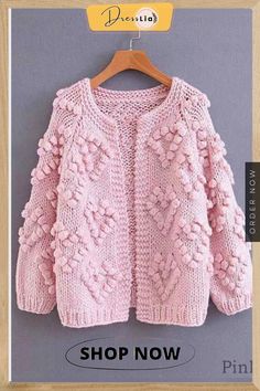 Thick Chunky Knit Pom Pom Sweater Popcorn Cardigan Jacket Pom Pom Sweater, Yarn Balls, Soft Heart, Long Sleeve Knitted Cardigan, Lavender Pink, Pink Ivory, Chunky Cardigan, Cozy Cardigan, Fall Sweaters