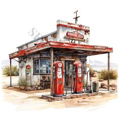 an old gas station painted in watercolor and ink