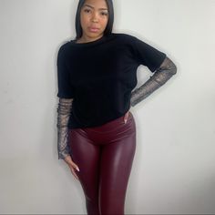 Model Is Wearing A Medium 95% Polyester 5%Spandex. Edgy Stretch Leather Pants For Going Out, Black Leggings For Night Out In Fall, Black Stretch Leather Pants For Night Out, Stretch Black Leather Pants For Going Out, Burgundy Jumpsuit, Burgundy Leggings, Vegan Leather Leggings, Animal Print Leggings, Sports Bra And Leggings