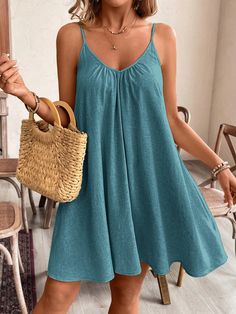 Cadet Blue Casual Collar Sleeveless Woven Fabric Plain Cami Embellished Non-Stretch  Women Clothing Boho Sundress, Women Cotton Dress, Drawstring Dresses, Vestido Casual, Dress For Short Women, Strap Dress, Loose Dress, Sleeves (women), Spaghetti Strap Dresses