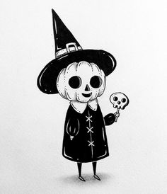 a drawing of a skeleton wearing a witches hat and holding a skull in its hand