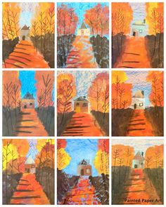 four different paintings of trees and houses in the fall colors, each painted with acrylic paint