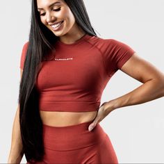 Brand New, Only Tried On And Has Been Sitting In My Closet Sold Out Color!! Red High Stretch Athleisure Tops, Sporty Red Crop Top With Crew Neck, Red Fitted Crew Neck Crop Top, Red Fitted Crop Top For Workout, Red Seamless Athleisure Tops, Red Crew Neck Activewear For Training, Red Medium Support Sports Top, Red Sporty Crop Top, Red High Stretch Tops For Gym