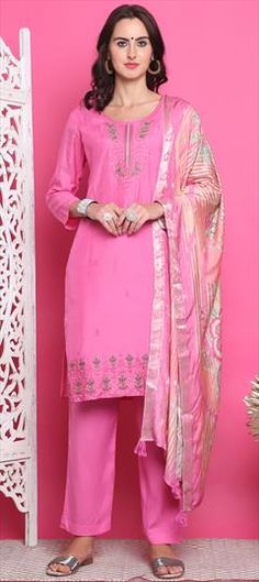 Pink and Majenta color Salwar Kameez in Muslin fabric with Embroidered, Resham, Thread work Celebration Pink Chanderi Palazzo Set, Pink Chanderi Palazzo Set For Celebration, Celebration Pink Palazzo Set With Resham Embroidery, Pink Palazzo Set With Dabka Work For Celebration, Pink Unstitched Palazzo Set For Celebration, Unstitched Pink Palazzo Set For Celebration, Pink Salwar Kameez With Self Design For Celebration, Pink Unstitched Suit For Eid Celebration, Pink Self Design Churidar For Celebration