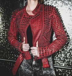 Red Studded Spiked Leather Jacket | Women Punk Rock Party Jacket Spiked Leather Jacket, Graffiti Clothing, Punk Leather Jacket, Jaket Motor, Punk Jacket, Luxury Jacket, Studded Leather Jacket, Party Jackets, Red Studs