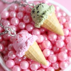 "This ice cream necklace is the perfect cute gift for any charm jewelry lover, a girlfriend, best friend or any woman who loves kawaii or pastel jewelry! This Handmade necklace features a clay pendant and a hypoallergenic non tarnish stainless steel necklace chain.  A scoop of strawberry or mint chocolate chip ice cream on a large freshly-baked waffle cone. Charms are about 1\" long. Looks ultra realistic but still cute! Charm hangs from stainless steel 18\" chain. Listing is for one necklace only. Materials & Measurements: -1\" ice cream cone pendant made from clay -18\" (45cm) stainless steel chain necklace - non-tarnish -hypoallergenic -light weight -Handmade Gift options & Shipping: -Every order comes with free gift packaging! -See the shipping section on this page to estimate exact ar Cream Necklace, Tea Jewelry, Pastel Jewelry, Mint Chocolate Chip Ice Cream, Mint Ice Cream, Pastel Kawaii, Chocolate Chip Ice Cream, Waffle Cones, Necklace Cute