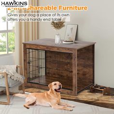 a dog laying on top of a bed next to a wooden crate with its door open