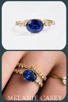 two different views of an engagement ring with blue sapphires and diamonds on each side