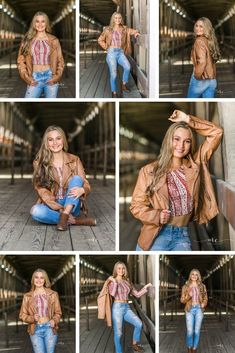 a collage of photos of a woman in jeans and jacket posing for the camera