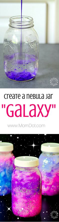 two jars filled with liquid and the words create a neula jar galaxy in it